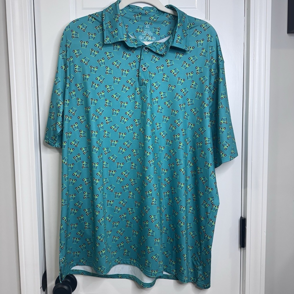 Performance Golf Polo Mens XL Teal Golf Cart Print Stretch Moisture Wicking
